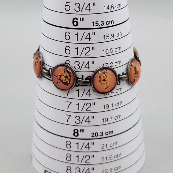 1950s Vintage Naughty Pin-Up Girl Link Bracelet Orange Convex Glass Disks - Picture 3 of 7